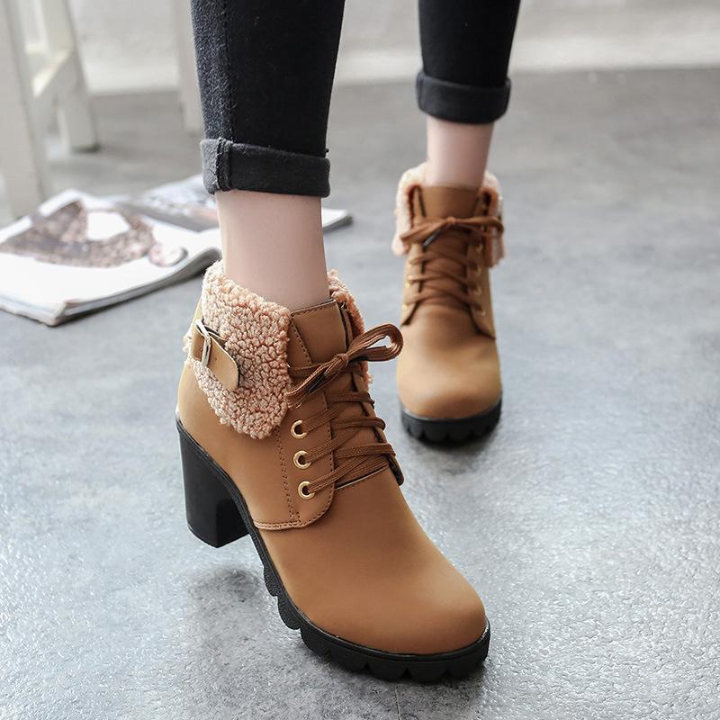 British Round Toe Lace Up Velvet Warm Middle Chunky Heel Ankle Boots