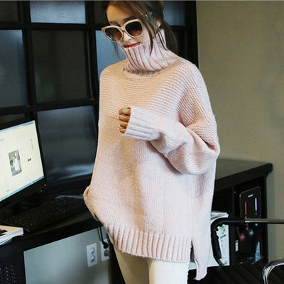 Solid Color Side Split High Neck Loose Pullover Sweater