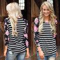 Floral Print Sleeve Stripe Patchwork Irregular Long Sleeve T-shirt - Oh Yours Fashion - 1
