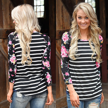 Floral Print Sleeve Stripe Patchwork Irregular Long Sleeve T-shirt - Oh Yours Fashion - 1