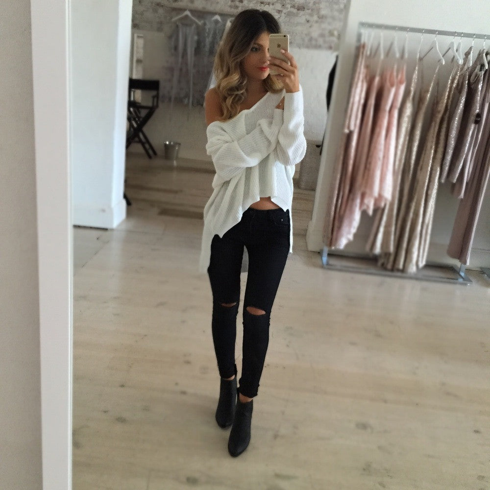 Sexy V-Neck Loose BF Irregular Sweater - Oh Yours Fashion - 1