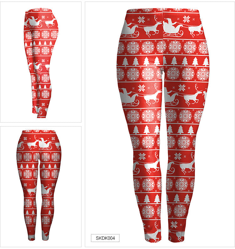 Reindeer Snow Print Women Christmas Red Skinny Legging