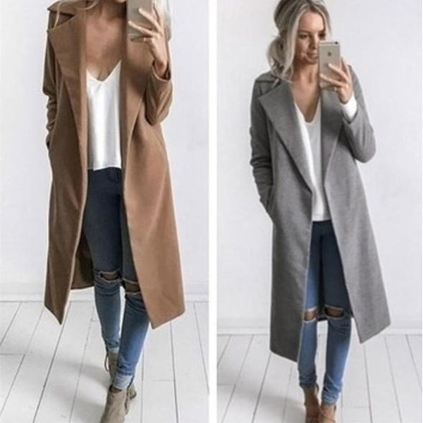 Lapel Collar Pockets Long Slim Woolen Coat