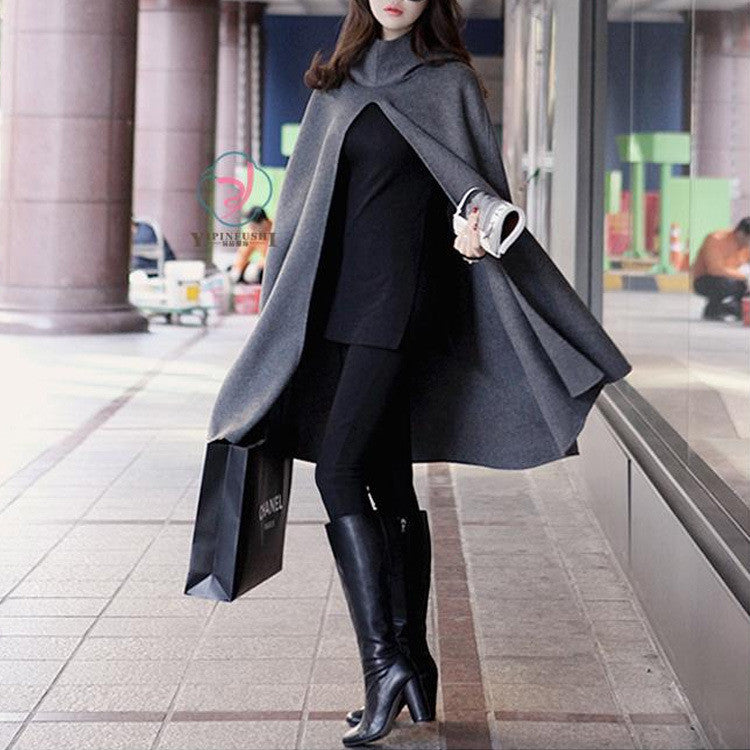 High Neck Long Sleeves Hooded Wool Cloak Coat - Oh Yours Fashion - 1