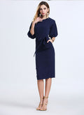 Royal Blue Office Knee-length Belt Dress - Oh Yours Fashion - 4