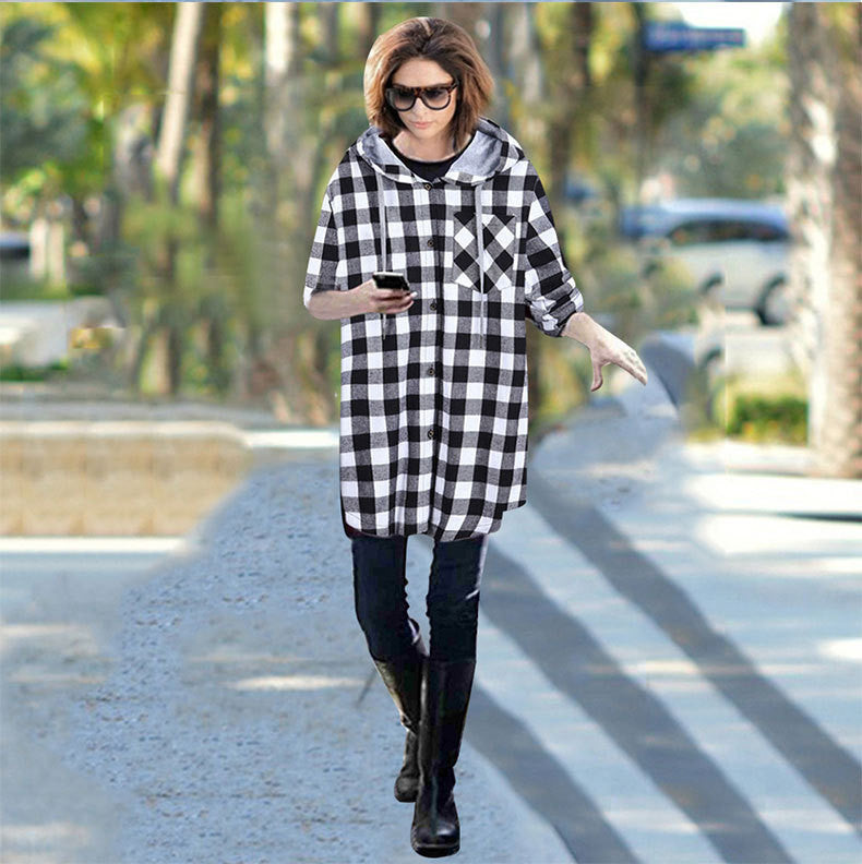 Plaid Long Sleeves Loose Hooded Long Coat - Oh Yours Fashion - 1