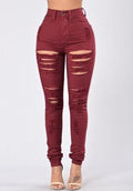 High Waist Pure Color Rips Slim Long Jeans