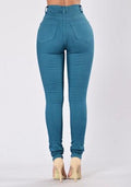 High Waist Pure Color Rips Slim Long Jeans