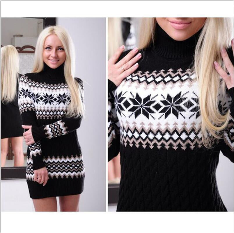 Fashion Long Sleeve High Neck Print Long Knit Sweater - Oh Yours Fashion - 1
