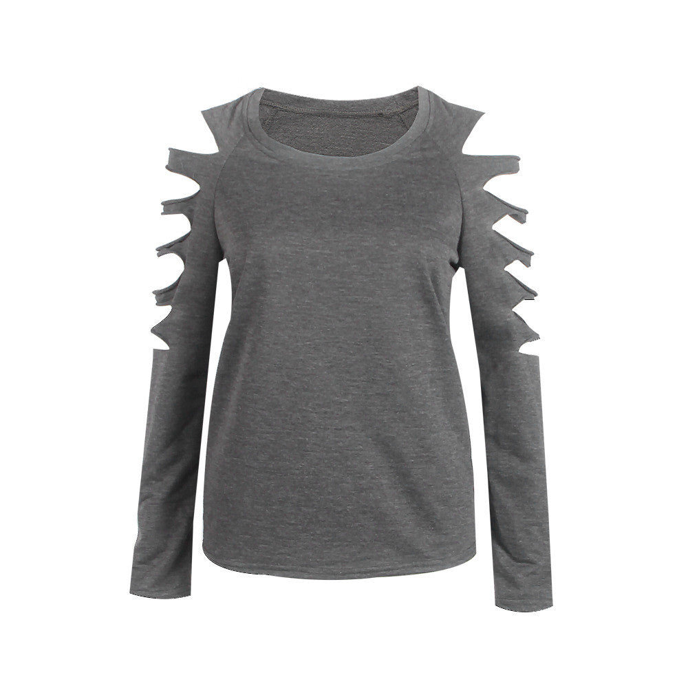 Fashion Hollow Out Long Sleeve Scoop Gray Blouse - Oh Yours Fashion - 8