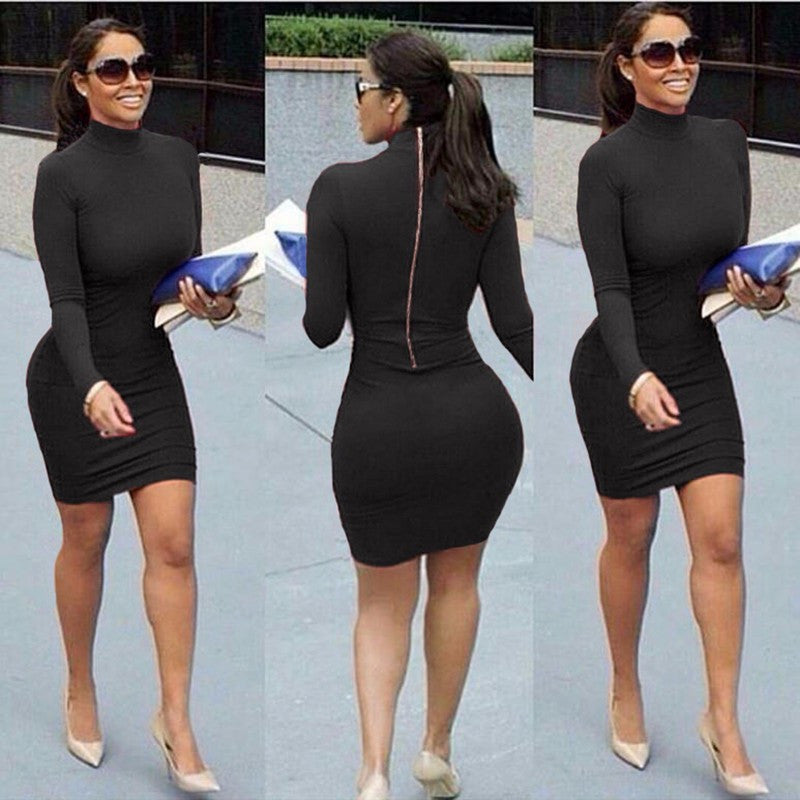 High Neck Long Sleeve Back Zipper Bodycon Short Dress - Oh Yours Fashion - 5