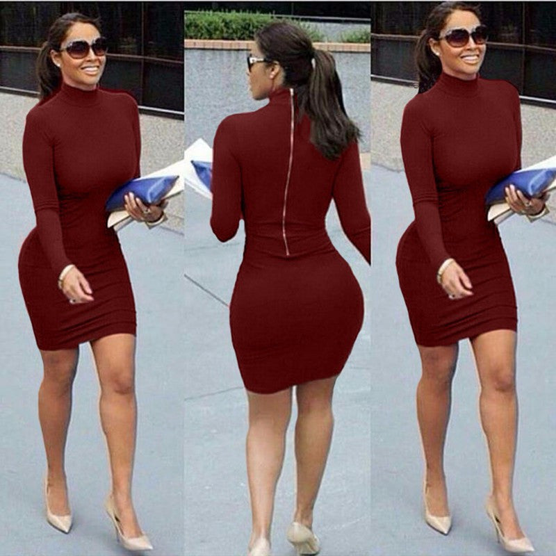 High Neck Long Sleeve Back Zipper Bodycon Short Dress - Oh Yours Fashion - 4