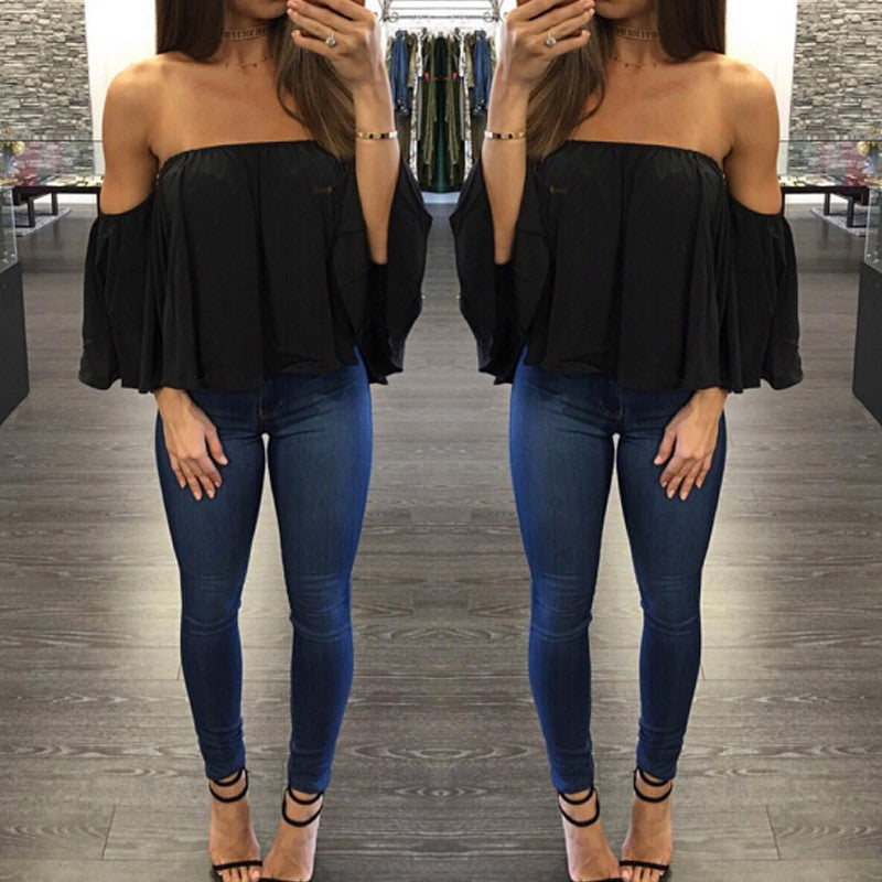 Sexy Off Shoulder Long Sleeve Chiffon Loose Blouse - Oh Yours Fashion - 5