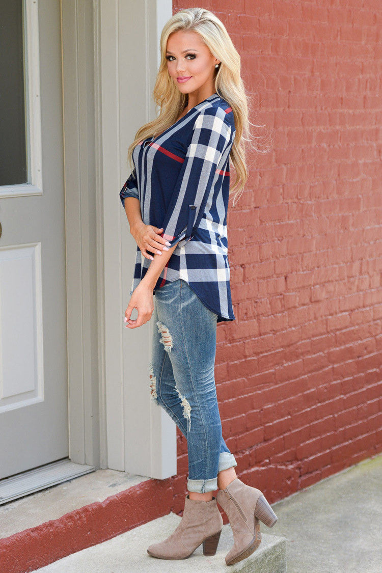V-neck Plaid Print 3/4 Sleeves Loose Blouse - Oh Yours Fashion - 7