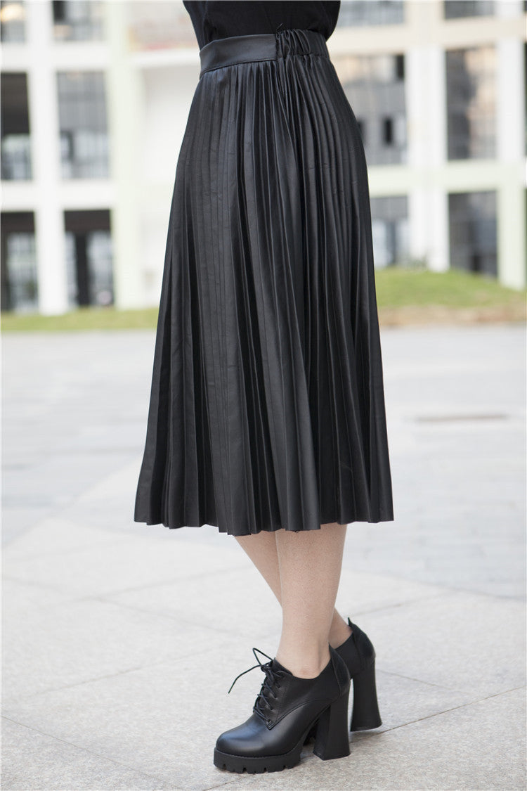Retro PU High Waist Pleated Knee-Length Skirt - Oh Yours Fashion - 6