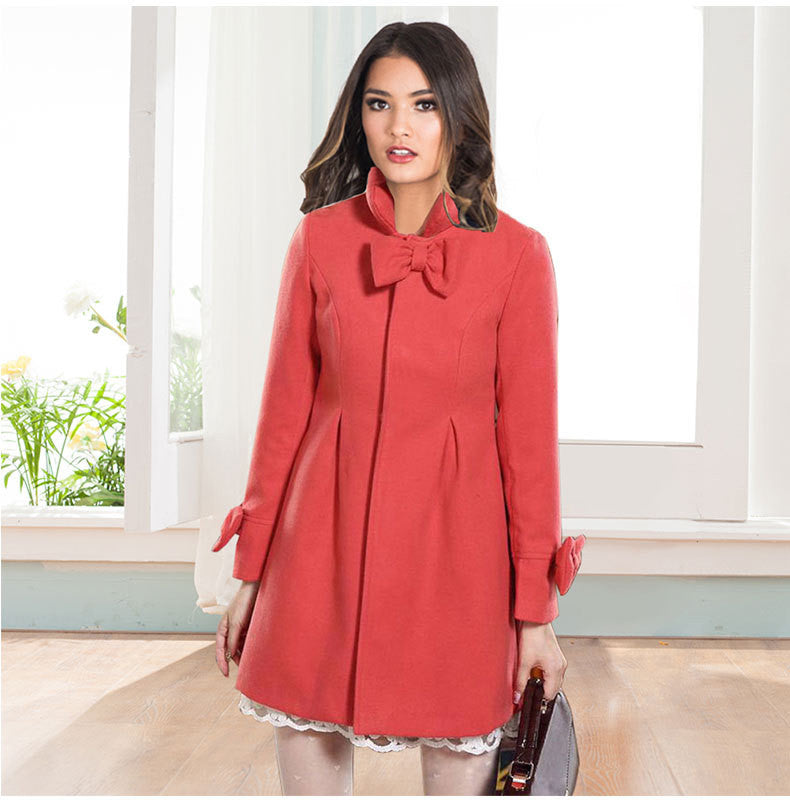 Bowknot Long Sleeves Stand Collar Pure Color Flare Slim Coat - Oh Yours Fashion - 7