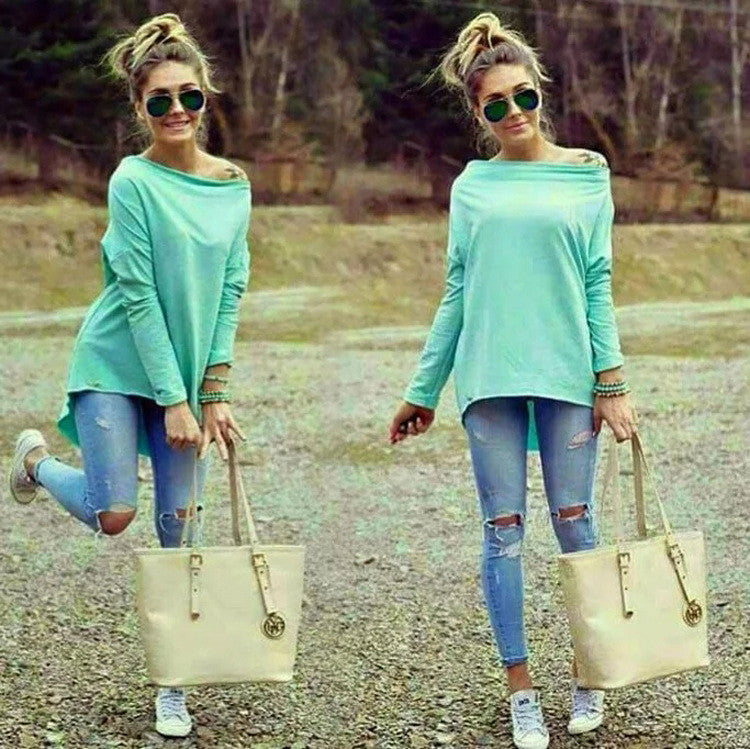 Sexy Scoop Long Sleeve Irregular Hemline Pure Color Blouse - Oh Yours Fashion - 1