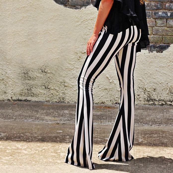 High Waist Striped Slim Elastic Bell-bottomed Long Pants