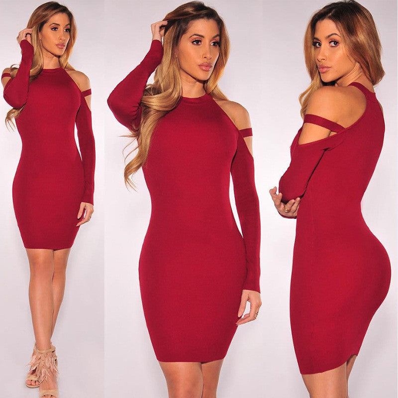 Dew Shoulder Long Sleeves Short Bodycon Dress - Oh Yours Fashion - 1