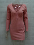 Knit Low Cut Scoop Neck Short Lace Up Long Sleeve Bodycon Dress - Oh Yours Fashion - 4