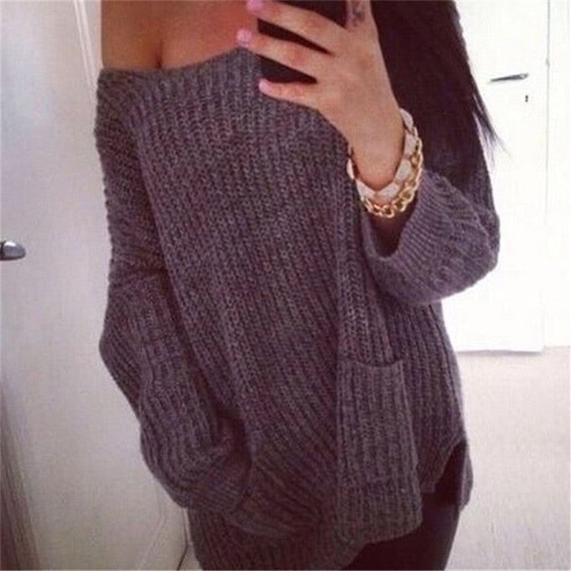 Fashion Casual Chunky Knit Loose One Shoulder Pockets Sweater - Oh Yours Fashion - 3