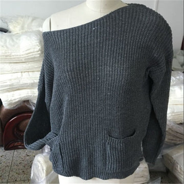 Fashion Casual Chunky Knit Loose One Shoulder Pockets Sweater - Oh Yours Fashion - 1
