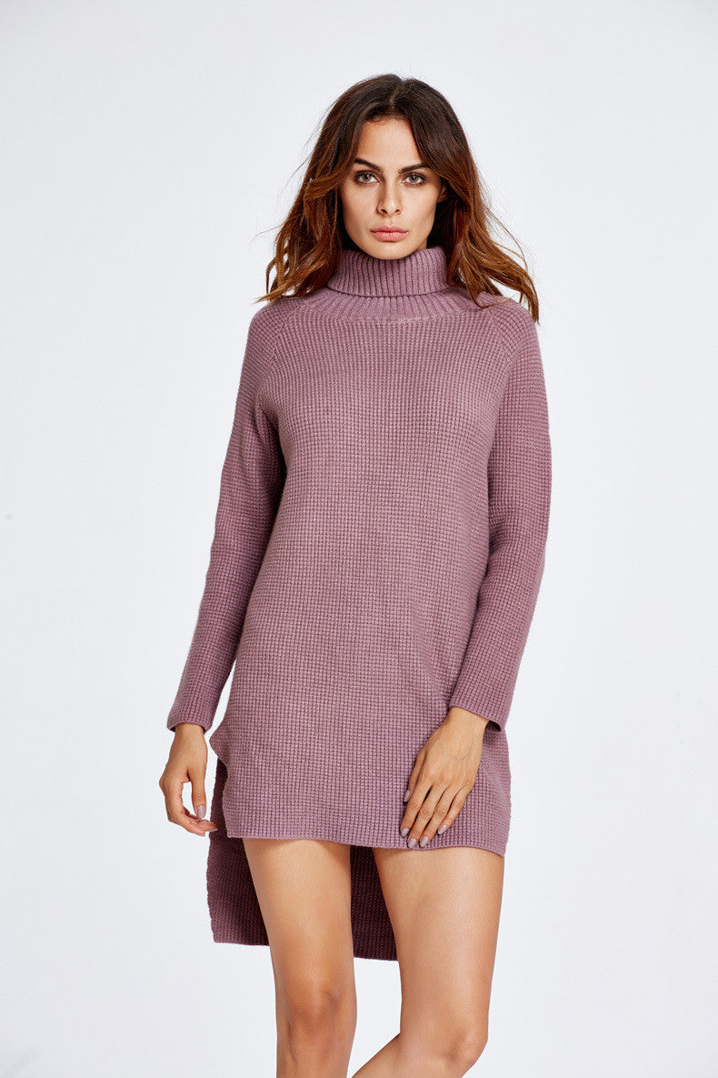 High Neck Dip Hem Slit Loose Short Knit Sweater Dress - Oh Yours Fashion - 3