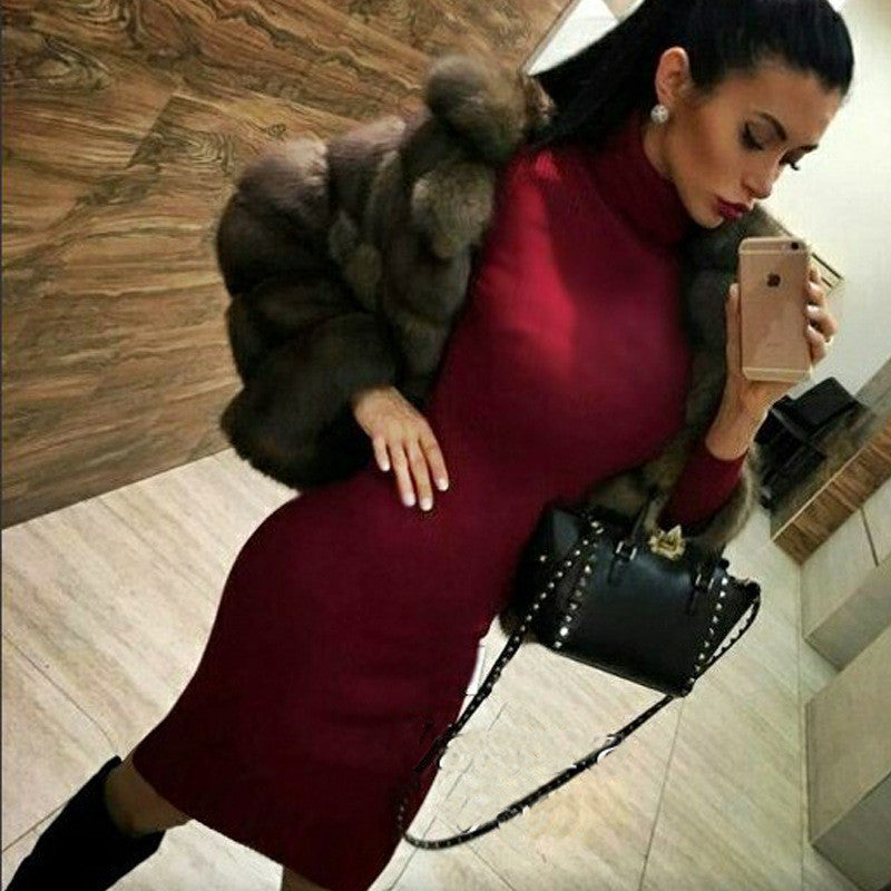 Simple Fashion High Neck Long Sleeve Bodycon Knee-length Dress - Oh Yours Fashion - 7
