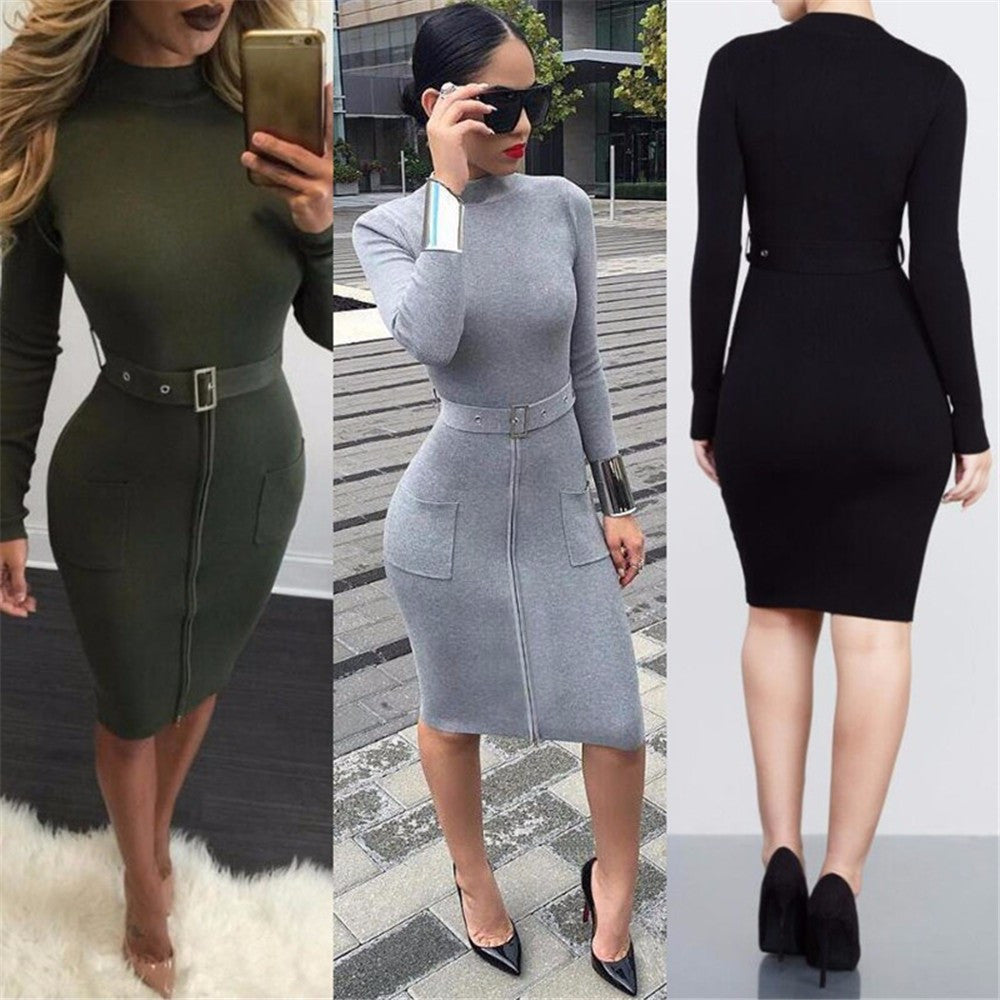 Sexy Knit High Neck Long Sleeve Bodycon Knee-length Belt Dress - Oh Yours Fashion - 1