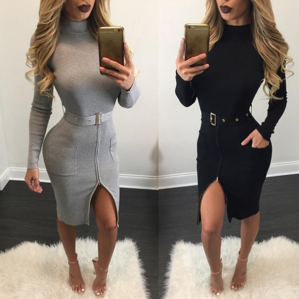 Sexy Knit High Neck Long Sleeve Bodycon Knee-length Belt Dress - Oh Yours Fashion - 8