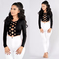 Sexy Hollow Out Long Sleeves Clubwear T-shirt Crop Top - Oh Yours Fashion - 1