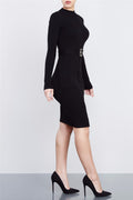 Sexy Knit High Neck Long Sleeve Bodycon Knee-length Belt Dress - Oh Yours Fashion - 5