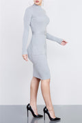 Sexy Knit High Neck Long Sleeve Bodycon Knee-length Belt Dress - Oh Yours Fashion - 3