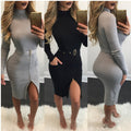 Sexy Knit High Neck Long Sleeve Bodycon Knee-length Belt Dress - Oh Yours Fashion - 7
