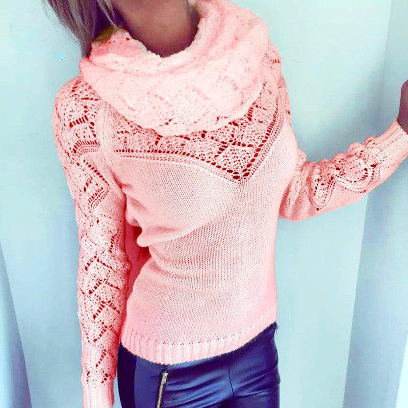Fashion Hollow Out Heaps Collar Long Sleeve Knit Sweater - Oh Yours Fashion - 1