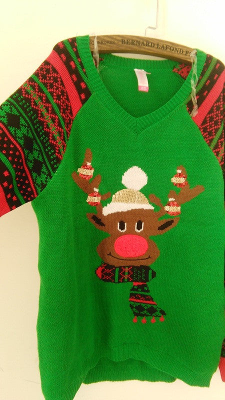 Christmas Elk Sequins Splicing Long Sleeve Green Knitting Sweater - Oh Yours Fashion - 6