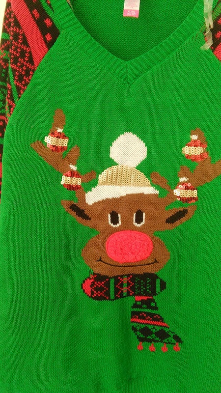 Christmas Elk Sequins Splicing Long Sleeve Green Knitting Sweater - Oh Yours Fashion - 5