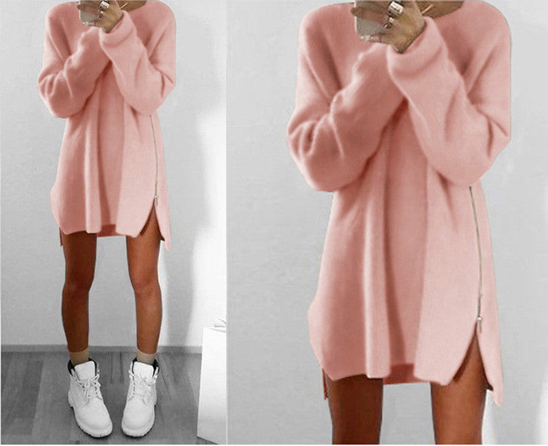 Leisure Loose Side Zipper Long Sweater Dress - Oh Yours Fashion - 3