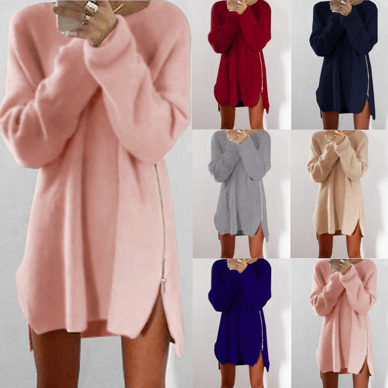 Leisure Loose Side Zipper Long Sweater Dress - Oh Yours Fashion - 1