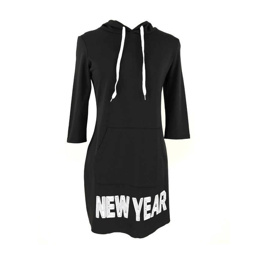 Letter Print Draw String Hoodie Loose Short Dress - Oh Yours Fashion - 4