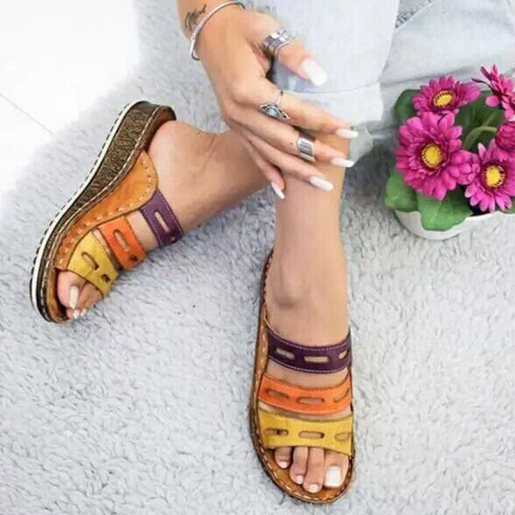 Summer Open Toe Flat Leather Multicolor Slide Sandals
