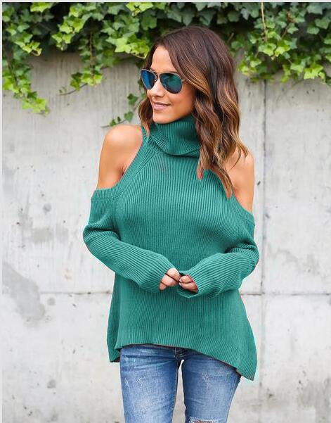Sexy Bare Shoulder High Neck Long Sleeve Pure Color Sweater - Oh Yours Fashion - 6