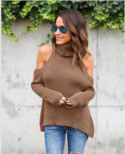 Sexy Bare Shoulder High Neck Long Sleeve Pure Color Sweater - Oh Yours Fashion - 3