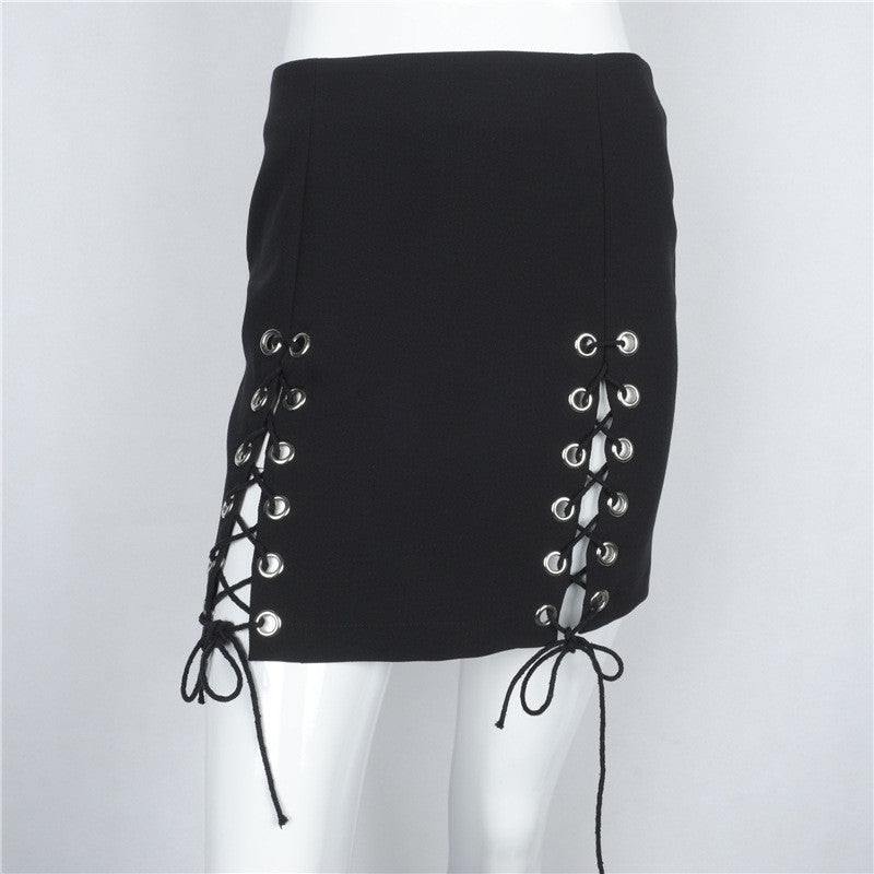 Hollow Out Lace Up Pure Color Bodycon Short Skirt - Oh Yours Fashion - 6