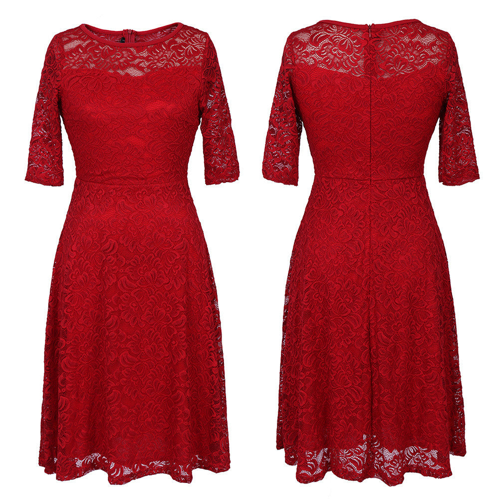 Elegant Floral Lace Short Sleeve Scoop Knee-Length Dress - Oh Yours Fashion - 3
