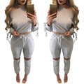 Solid One Shoulder Crop Top with Hole Skinny Pants Two Pieces Set