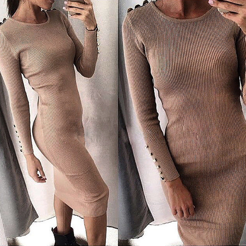 Hot Style Metal Button Pure Color Bodycon Long Dress - Oh Yours Fashion - 1