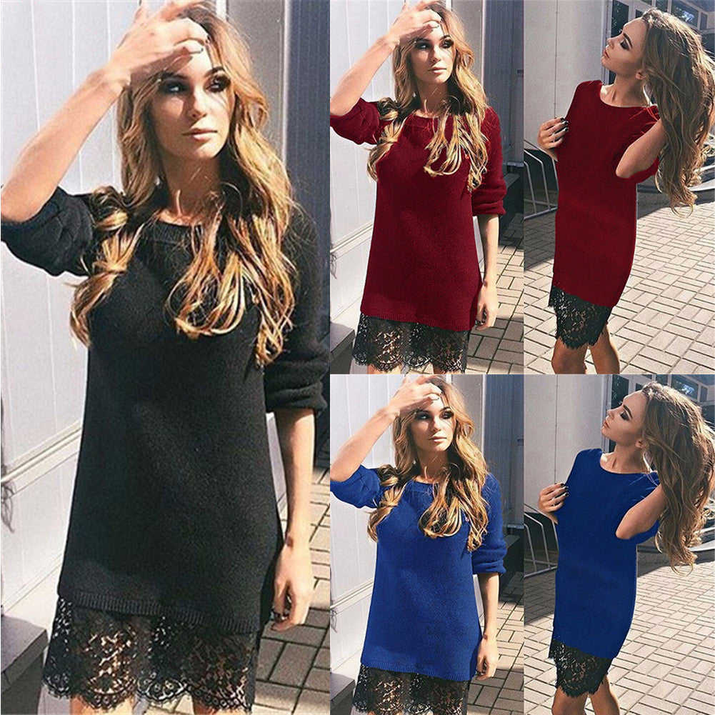Fashion Lace Patchwork Long Sleeve Knee-length Dress - Oh Yours Fashion - 1