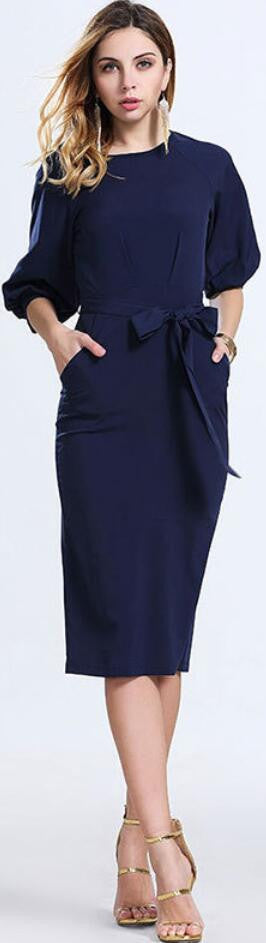 Royal Blue Office Knee-length Belt Dress - Oh Yours Fashion - 2