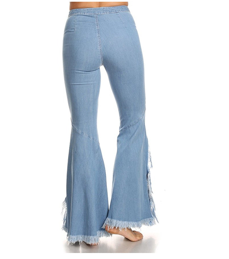 Solid Color Split Rough Tassels Irregular Flares Jeans Denim Pants